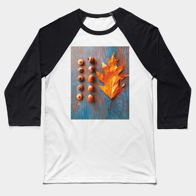 Oak Leaf and Acorns on Blue Vintage Table Baseball T-Shirt by oliviastclaire